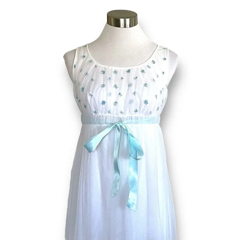 Vintage 1960s Miss Elaine Peignoir Set Sz P Petite White Blue Nylon Robe Gown